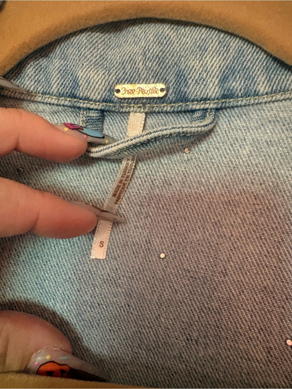 Free People Light Blue Pearl-Embellished Distressed Denim Jacket - Picture 3 of 4